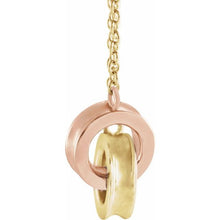 Load image into Gallery viewer, Yellow and Rose 14k Gold interlocking rings, 13.9mm x 7mm on chain.  Available in 16&quot; or 18&quot;
