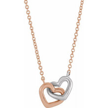 Load image into Gallery viewer, Rose and White14k Gold interlocking Hearts, 9mm x 8mm on chain.  Available in 16&quot; or 18&quot;
