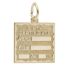 Load image into Gallery viewer, Birth Certificate charm in yellow gold plate, 10k or 14k yellow gold. Engarvable with a name, date of birth and weight. 19.7mm x 17.8mm
