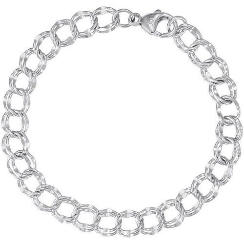 Classic Large Double Link Dapped Curb Charm Bracelet with Lobster Claw Clasp. Made in Canada.  Silver. Links - 7.6mm.