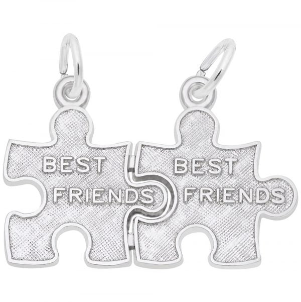 Puzzle Pieces Charm (26mm x 14.2mm). The puzzle pieces snap apart - one for you and one for your bestie.  Available in Sterling Silver, Gold Plate, 10k Yellow Gold and 14k Yellow or White Gold. Made in Canada.