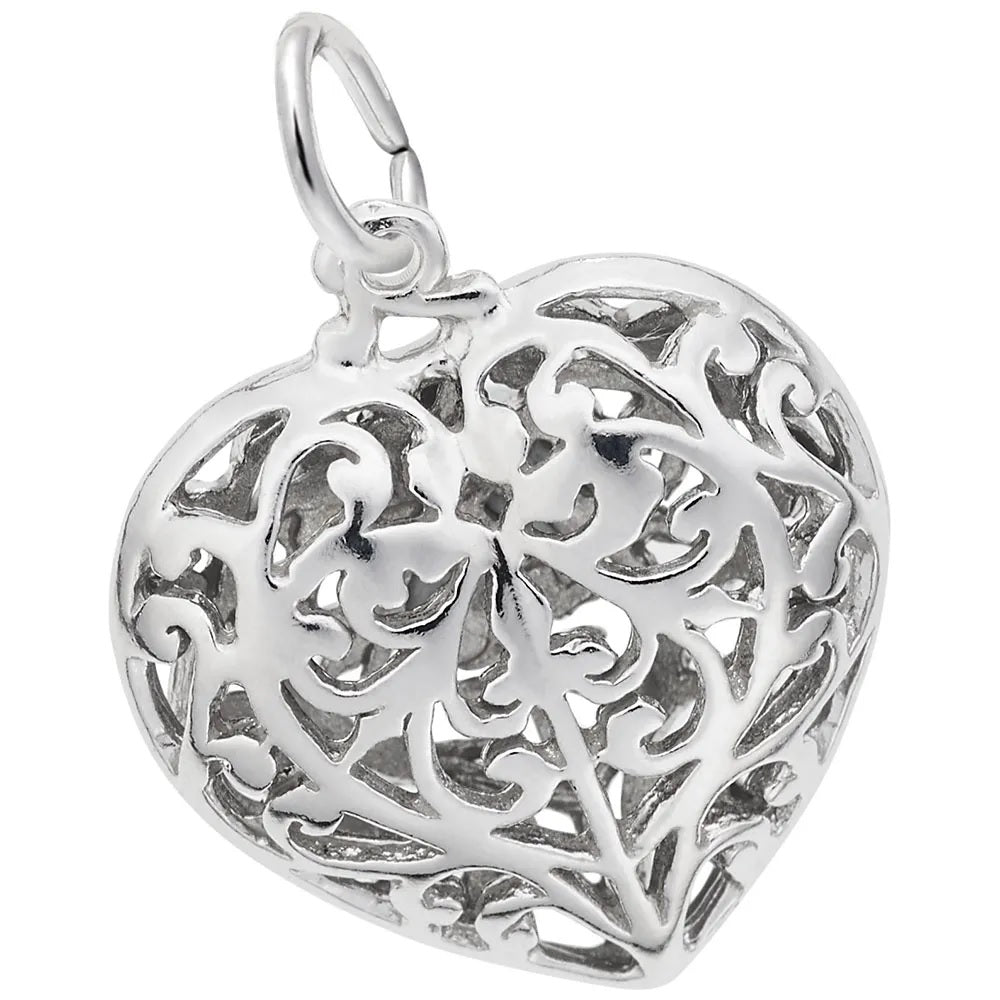 3 D Filigree Heart Charm - Sterling Silver or White Gold - 18 mm x 18 mm