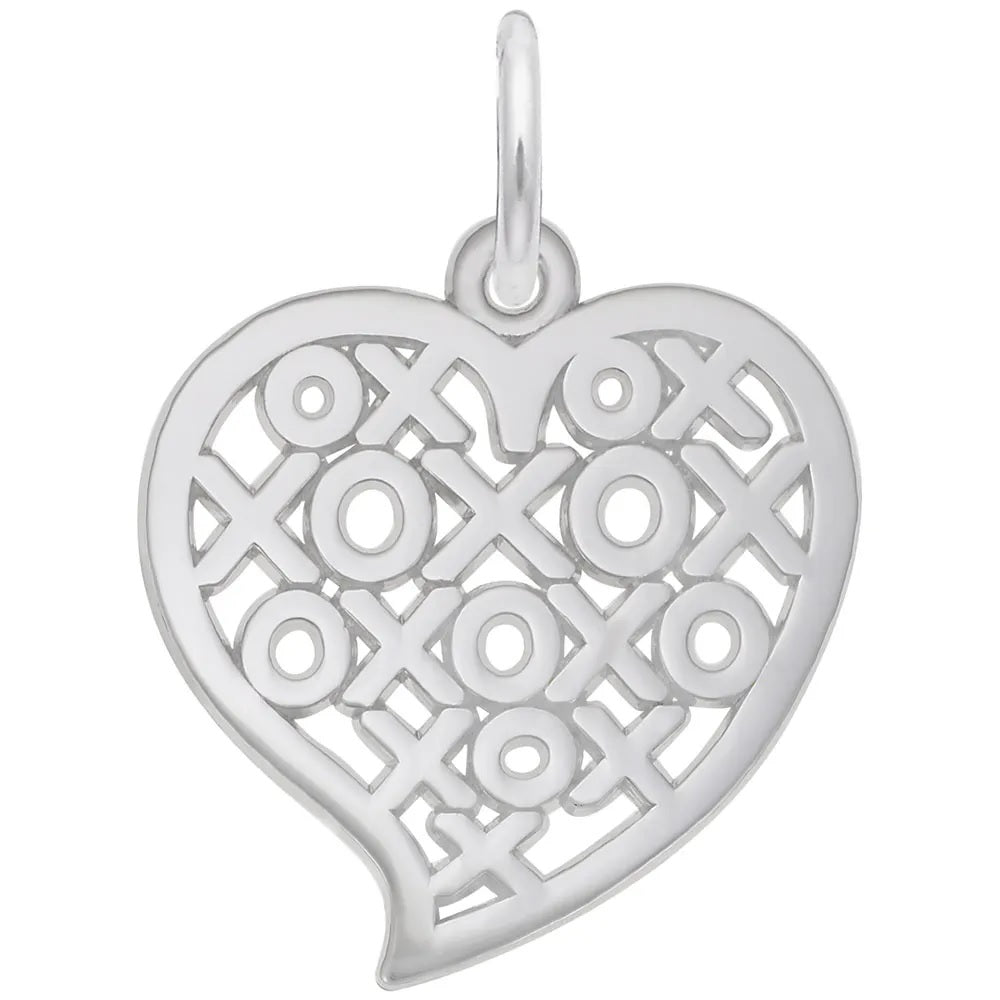Silhouette heart filled with hugs and kisses (X & O's) - Sterling Silver or White Gold - 18.5 mm x 17 mm