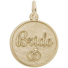 Load image into Gallery viewer, Celebrate your wedding day with the Bride Disc Charm from the I Do wedding collection. This engravable special occasion jewelry comes in silver and gold.19m dia. disc, yellow, embossed with Bride 19m dia. disc, yellow, embossed with Bride  and two entwined wedding rings

