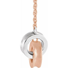 Load image into Gallery viewer, White and Rose 14k Gold interlocking rings, 13.9mm x 7mm on chain.  Available in 16&quot; or 18&quot;
