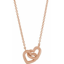 Load image into Gallery viewer, Rose 14k Gold interlocking Hearts, 9mm x 8mm on chain.  Available in 16&quot; or 18&quot;
