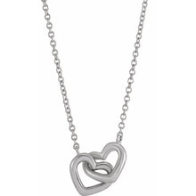 Load image into Gallery viewer, White 14k Gold interlocking Hearts, 9mm x 8mm on chain.  Available in 16&quot; or 18&quot;
