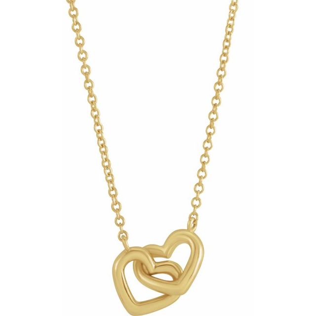 Yellow 14k Gold interlocking Hearts, 9mm x 8mm on chain.  Available in 16