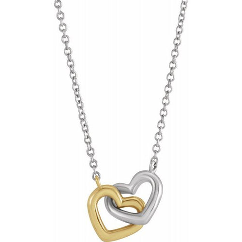 Yellow and White14k Gold interlocking Hearts, 9mm x 8mm on chain.  Available in 16