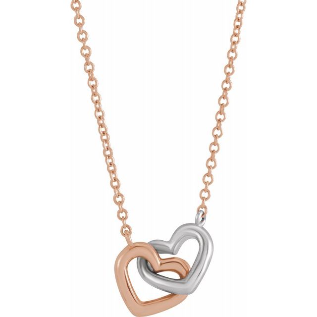 Rose and White14k Gold interlocking Hearts, 9mm x 8mm on chain.  Available in 16