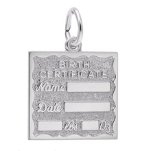 Load image into Gallery viewer, Birth Certificate charm in Sterling Silver. Engarvable with a name, date of birth and weight. 19.7mm x 17.8mm
