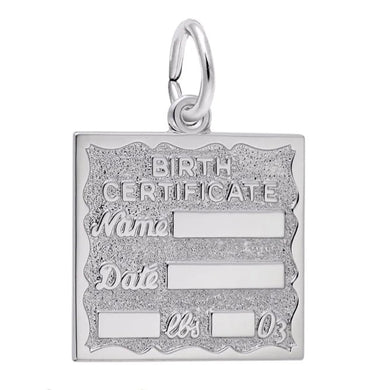 Birth Certificate charm in Sterling Silver. Engarvable with a name, date of birth and weight. 19.7mm x 17.8mm