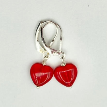 Red puffy heart shaped Swarovski earrings - 8mm, complete with Sterling Silver lever backs.