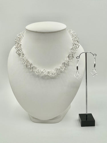 Sterling Silver necklace of interlocking 12mm cubes with matching earrings, 45mm drop