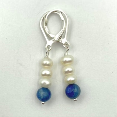 Fresh Water Pearls (4mm) with Kyanite Accent (6mm) earrings, complete with Sterling Silver lever backs.
