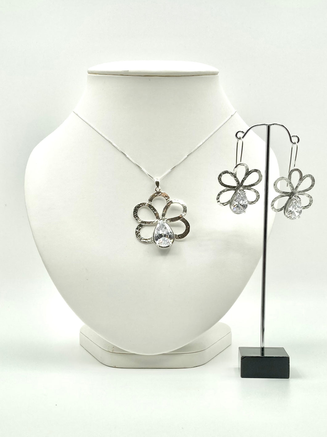 Silver Flower with CZ Teardrop Accent - Set