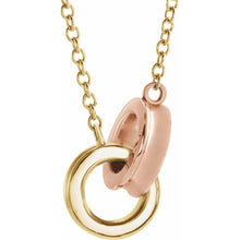 Load image into Gallery viewer, Yellow and Rose 14k Gold interlocking rings, 13.9mm x 7mm on chain.  Available in 16&quot; or 18&quot;
