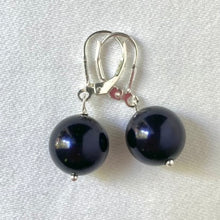 Load image into Gallery viewer, 12 mm Preciosa Pearls in Dark Blue, complete with Sterling Silver lever backs.
