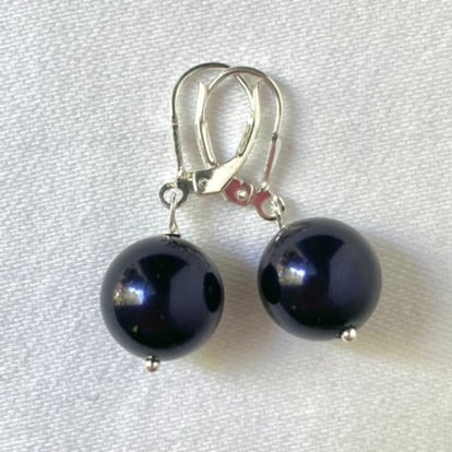 12 mm Preciosa Pearls in Dark Blue, complete with Sterling Silver lever backs.