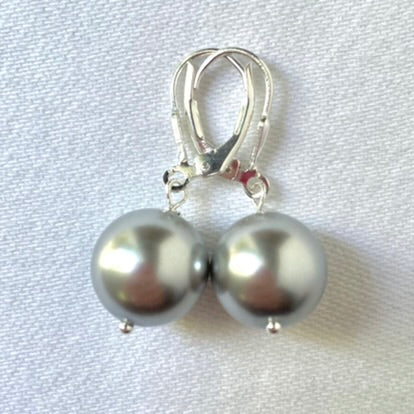 12 mm Preciosa Pearls in Light Grey, complete with Sterling Silver lever backs.