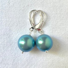 Load image into Gallery viewer, 12 mm Preciosa Pearls in Pearlescent Blue, complete with Sterling Silver lever backs.
