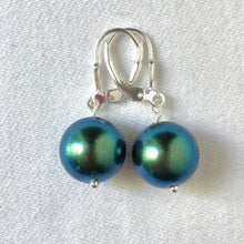 Load image into Gallery viewer, 12 mm Preciosa Pearls in Pearlescent Peacock Green, complete with Sterling Silver lever backs.
