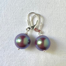 Load image into Gallery viewer, 12 mm Preciosa Pearls in Pearlescent Violet, complete with Sterling Silver lever backs.
