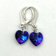 Load image into Gallery viewer, Purple Swarovski heart earrings - 10mm, complete with Sterling Silver lever backs.
