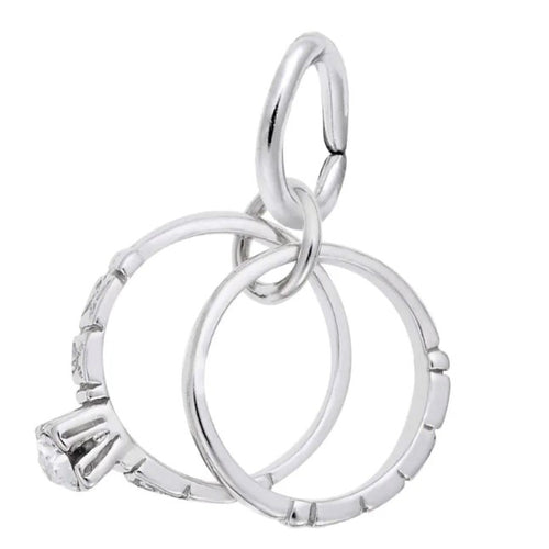 Two rings as on charm. One ring has a 2.5mm CZ.  Available Sterling Silver or 14k White Gold. 11.1mm x 13mm